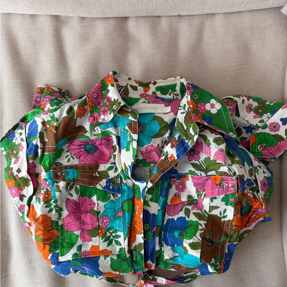 Zimmermann Floral Multicolor Linen Button-Up play suit romper with sash - Picture 7 of 7